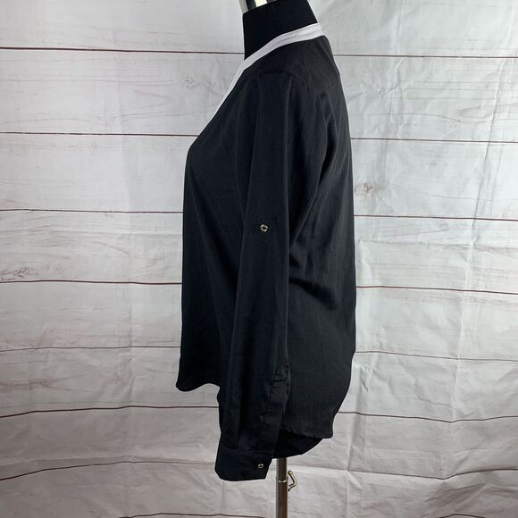Calvin Klein XS Office Work Career Blouse Roll-up Sleeves Black White Gold Zip - Picture 4 of 16